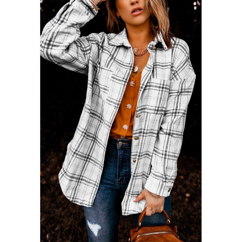 Black Plaid Pattern Buttoned Shirt Coat with Slits