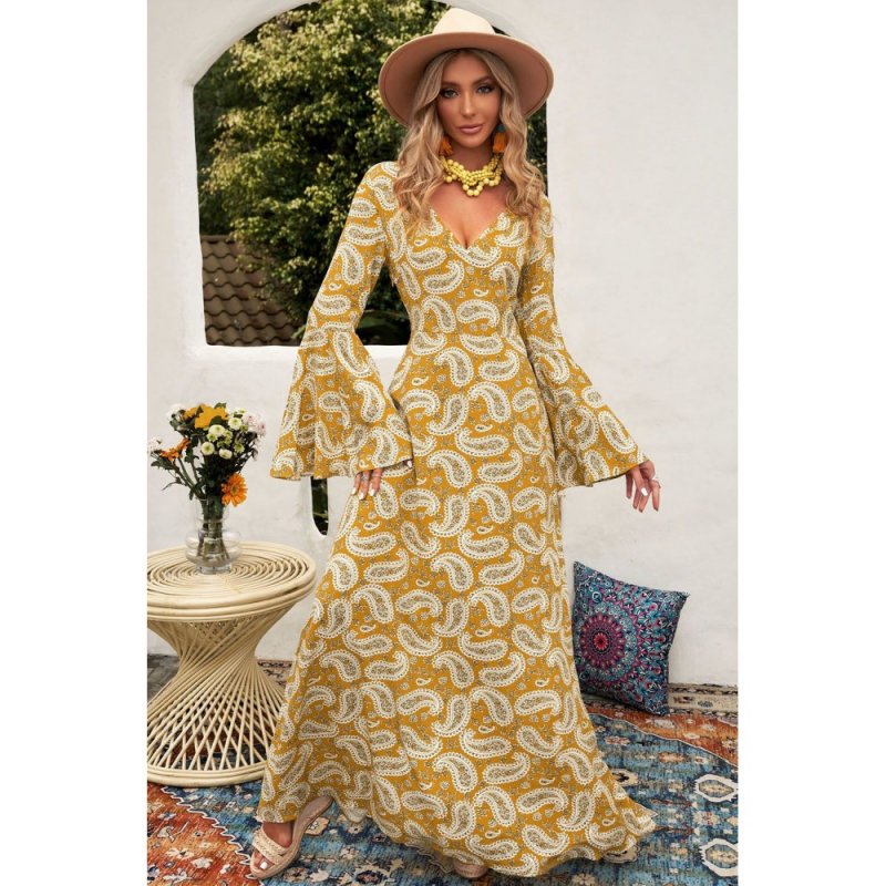 Yellow Bohemian V Neck Bell Sleeves Paisley Print Maxi Dress - from category Maxi Dresses