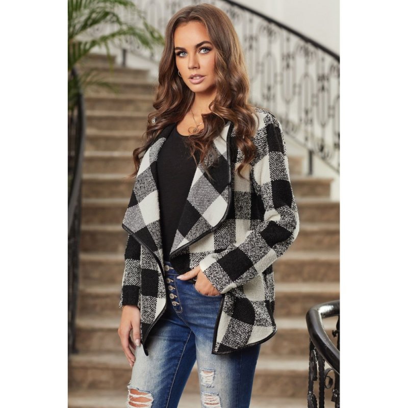 Black Plaid Long Sleeve Asymmetric Collar Open Front Coat - from category Jackets & Coats