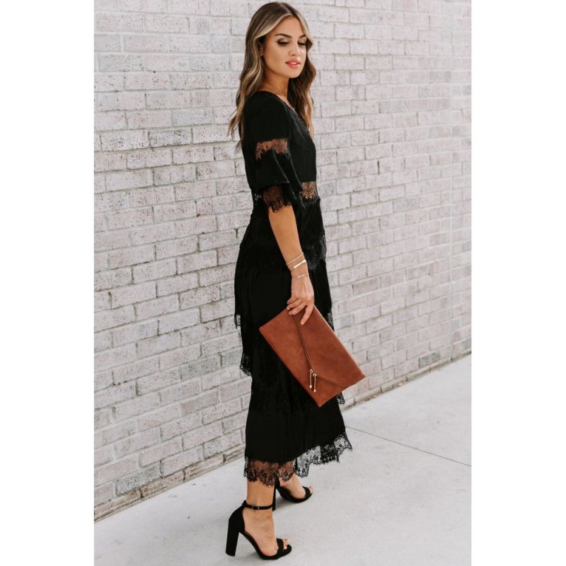 Black Swiss Dot Print See-through Lace Patch Layered Long Dress - from category Midi Dresses